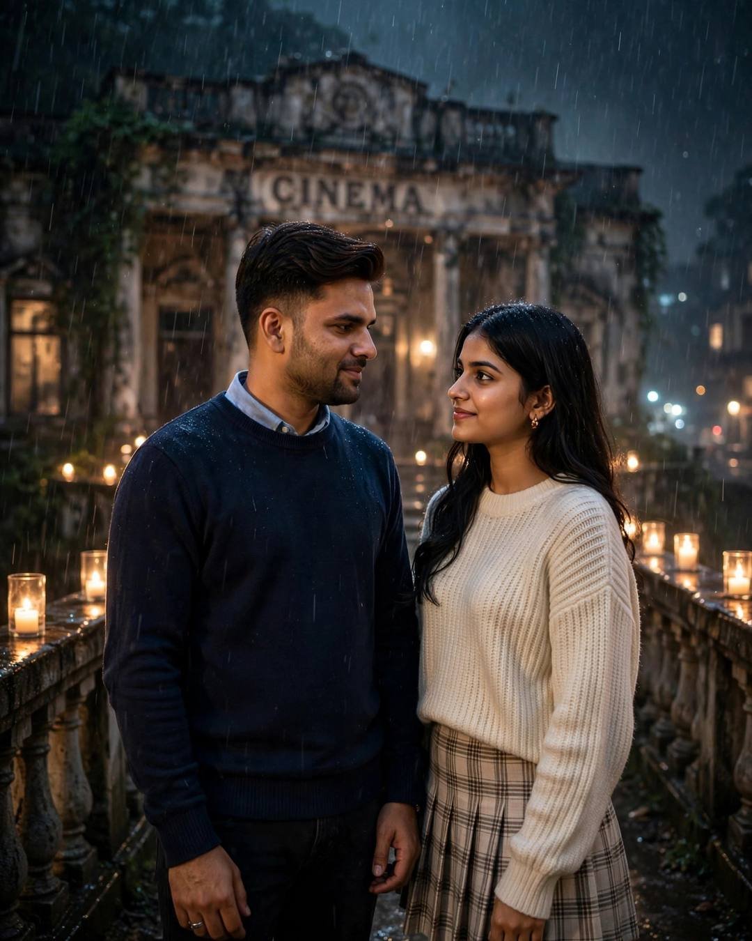 Young Indian couple standing on a candle-lined bridge at midnight before an abandoned cinema, looking at each other