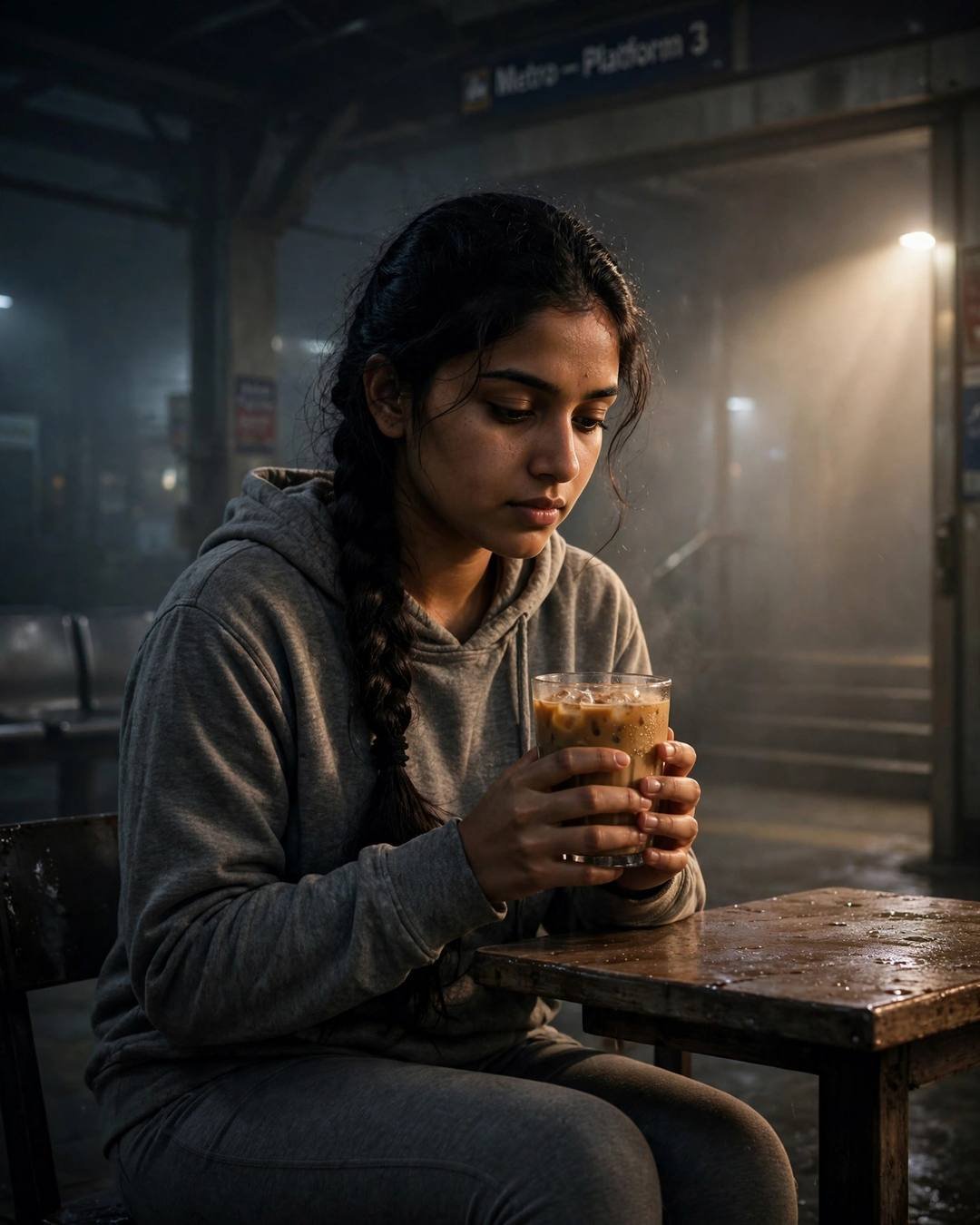 Young woman in grey hoodie cradling a cold coffee at a foggy metro station table
