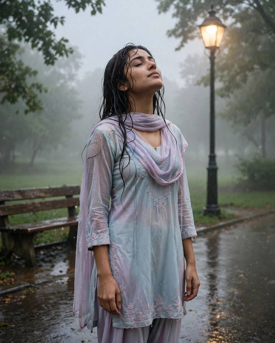 Young woman in pastel salwar-kameez standing under a streetlamp in the rain, face lifted