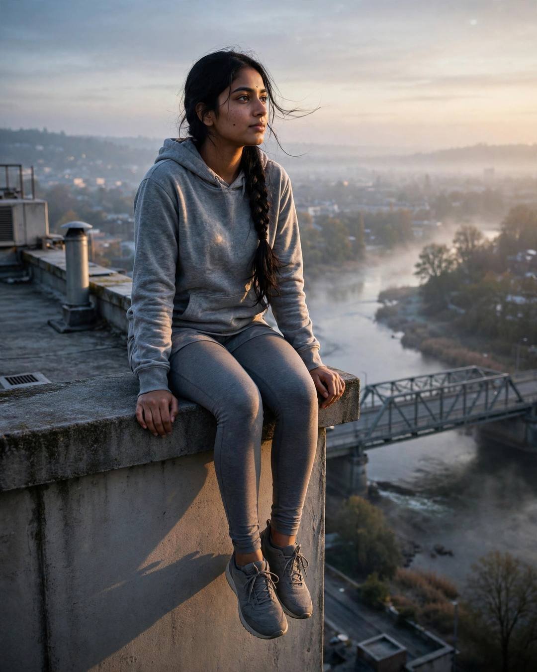 Young woman in grey hoodie sitting on a rooftop ledge above a river at dawn