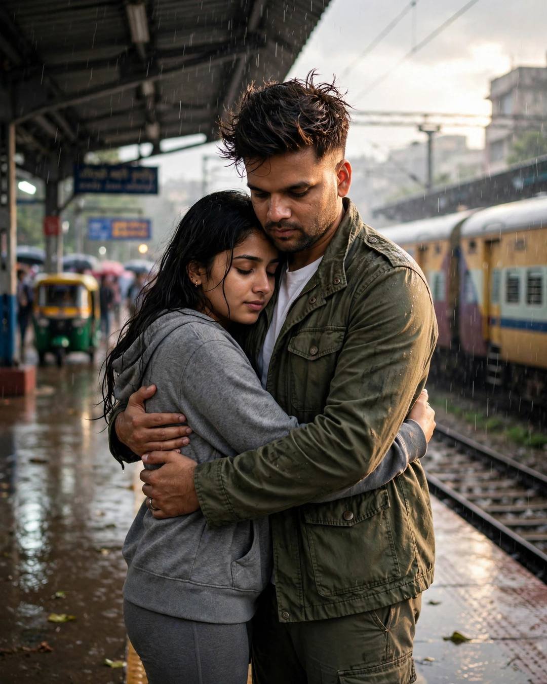 Couple hugging on a rainy railway platform beside a waiting train, man in olive field jacket and woman in grey hoodie
