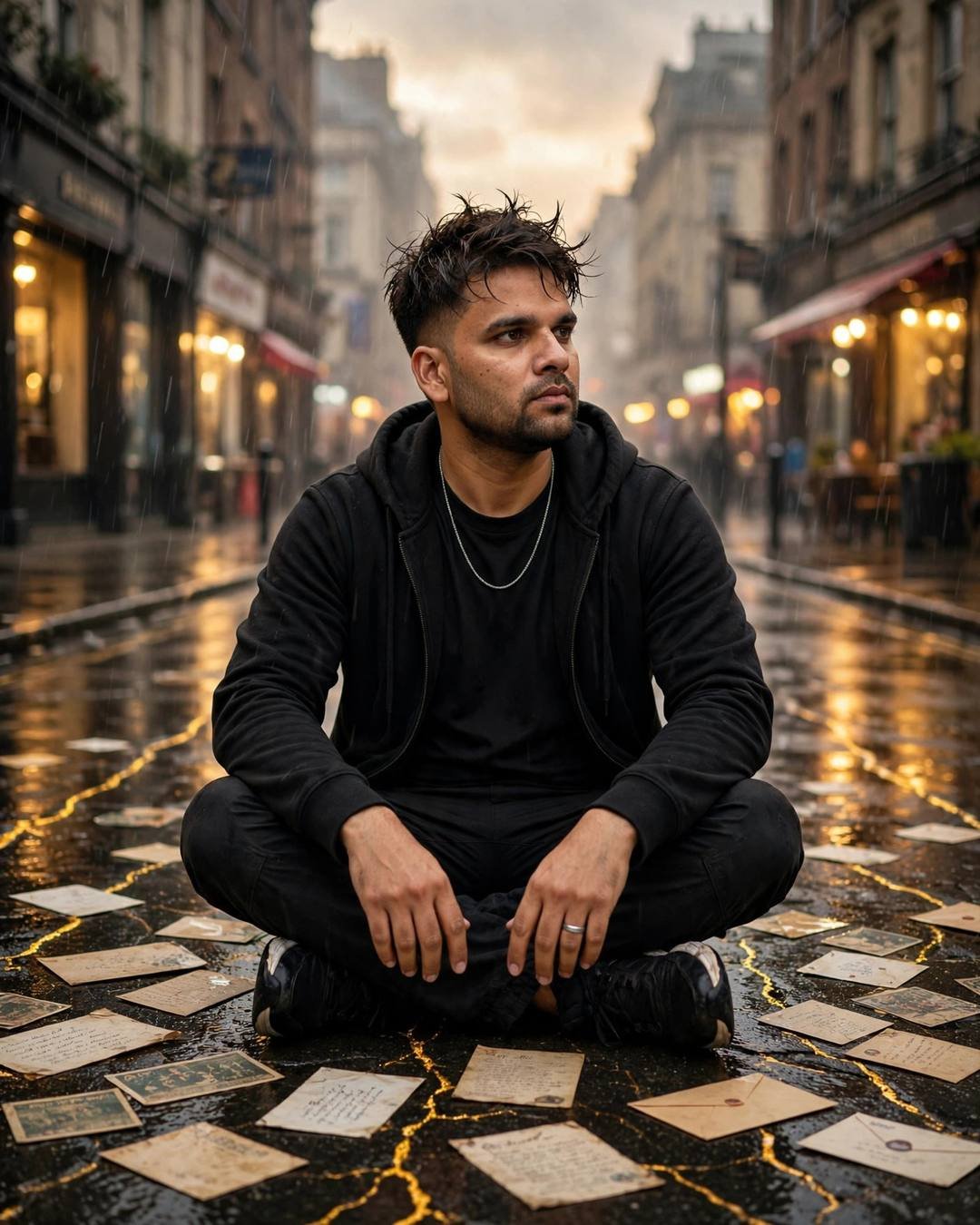 A clenched fist raised high against the — Broken but Strong AI portrait, all-black streetwear with sneakers, towel-dried tousled hair