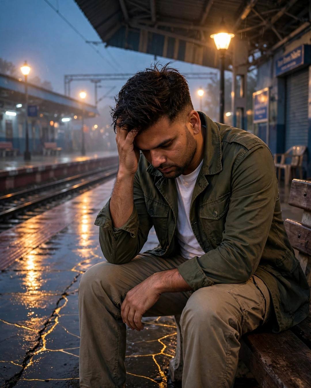Scattering the ashes of old letters into — Broken but Strong AI portrait, olive field jacket, white tee, cargo pants, slightly messy morning hair