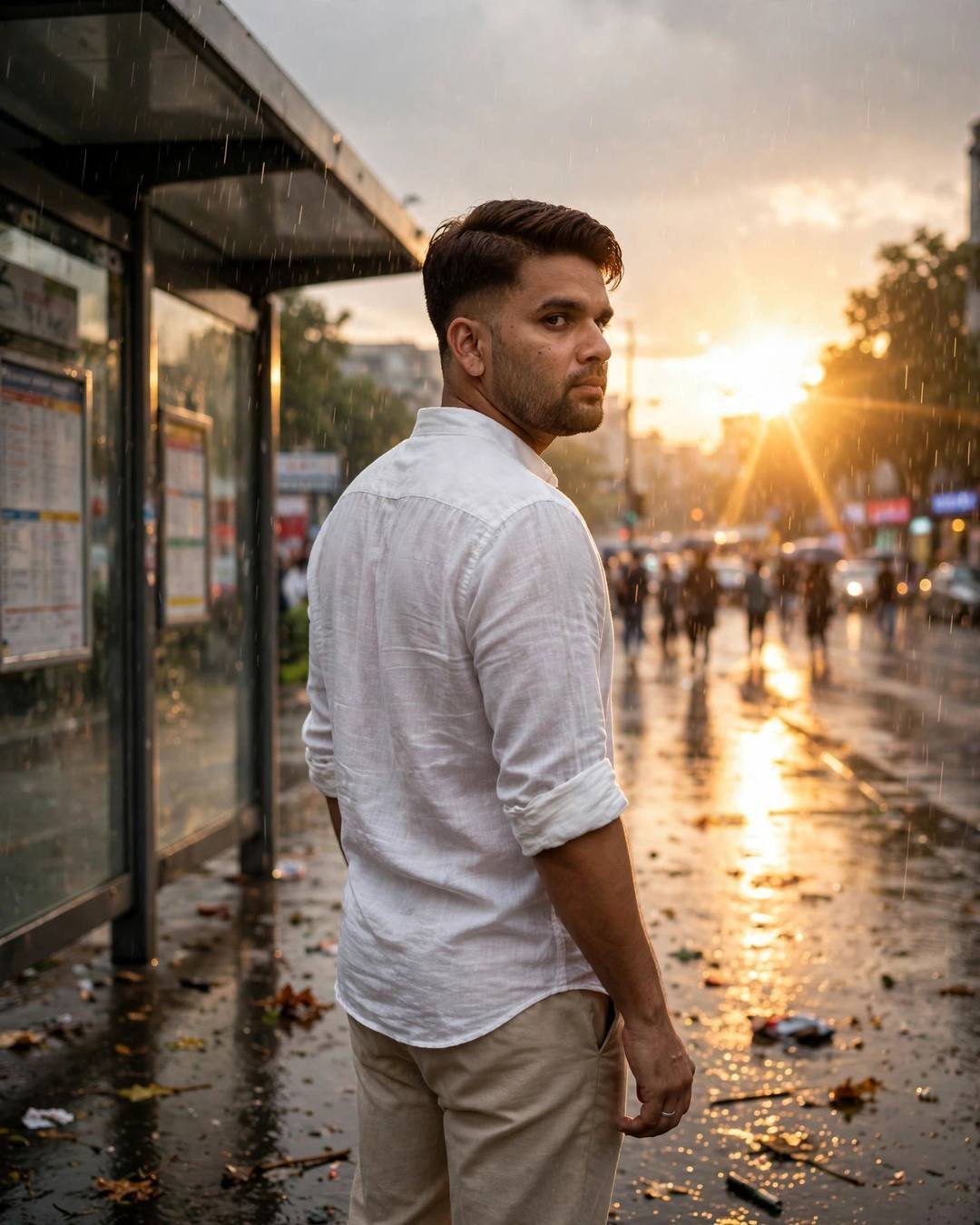 Broken Heart photograph: Throwing her old letters into a bonfire, — white linen shirt with rolled sleeves, beige trousers, neatly combed side part, back to the camera, looking over one shoulder at bus stop in the rain; overcast gloom, golden hour with golden-hour backlight with lens flare