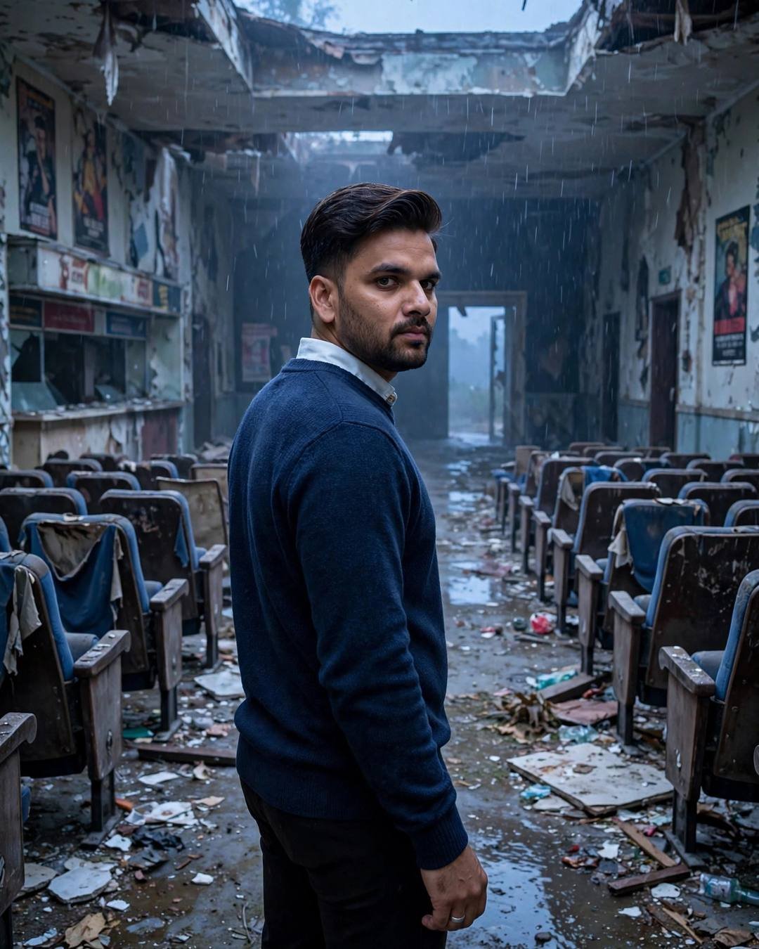 Broken Heart photograph: Folding away their matching denim jackets into — navy sweater over collared shirt, neatly combed side part, walking away from the camera down an empty path at abandoned cinema hall; light rain, dawn with soft blue-hour glow