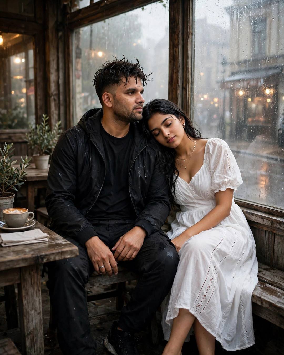 On a ferry deck bench with salt — Couple Sitting Together cinematic AI photograph