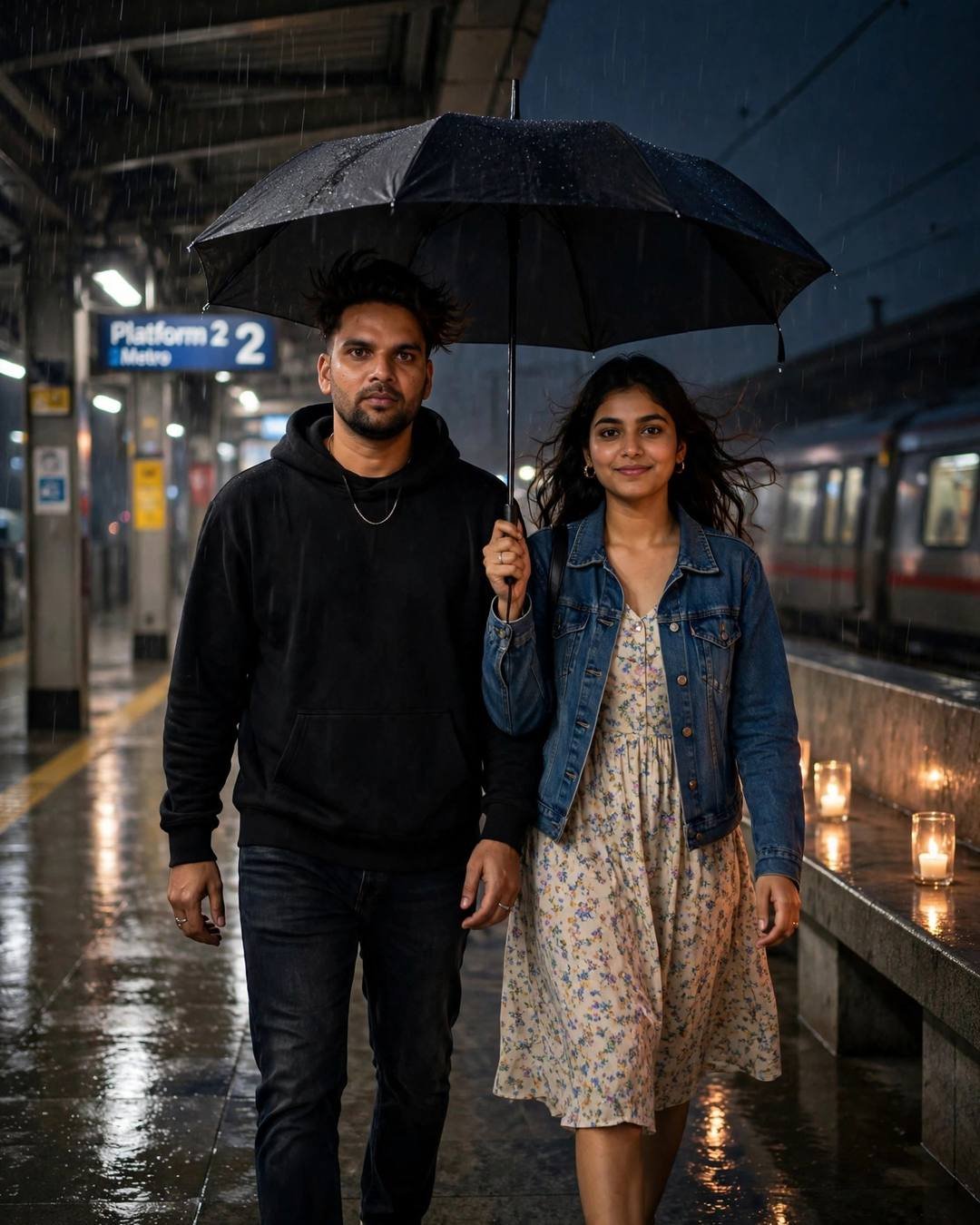 A quiet monastery trail with colorful prayer — Couple Walking cinematic AI photograph