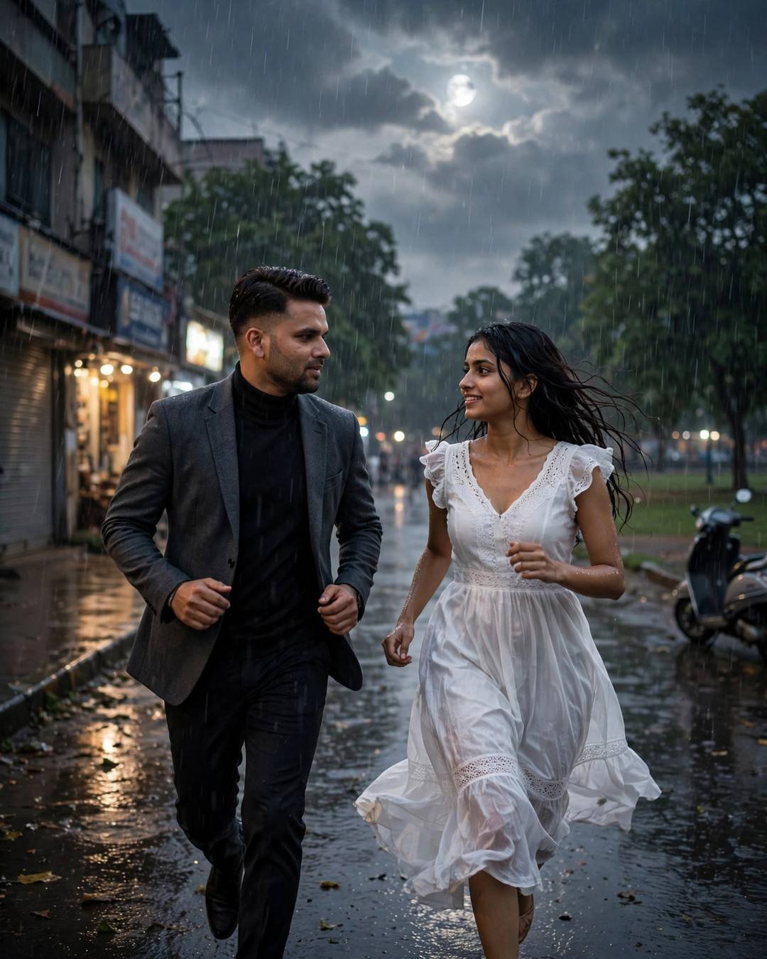 Cute Couple photograph: Him stealing fries off her plate at — charcoal blazer, black turtleneck, neatly combed side part, partner in flowing white summer dress, running toward each other across a sunlit field at rain-soaked city street; heavy monsoon rain, overcast afternoon with moonlight with deep shadows