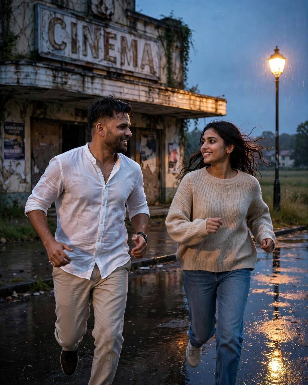 Cute Couple photograph: Him carrying all her shopping bags while — white linen shirt with rolled sleeves, beige trousers, towel-dried tousled hair, partner in oversized beige sweater and jeans, running toward each other across a sunlit field at abandoned cinema hall; post-rain wet streets, blue hour with warm sodium streetlamp light