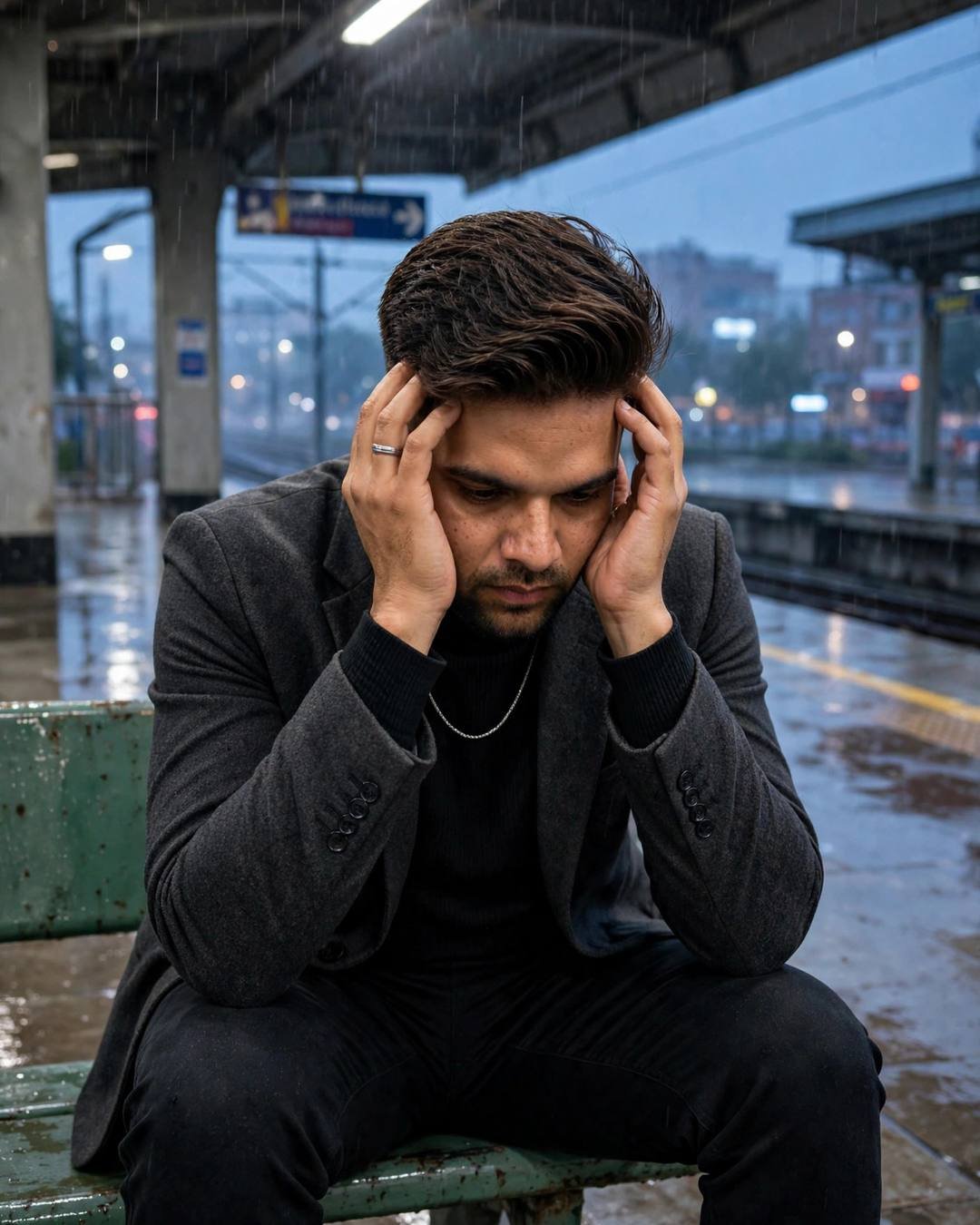Emotional Boy photograph: Watching his best friend leave for the — charcoal blazer, black turtleneck, neatly combed side part, sitting on station bench, elbows on knees, head in hands at midnight metro station; post-rain wet streets, overcast afternoon with soft blue-hour glow