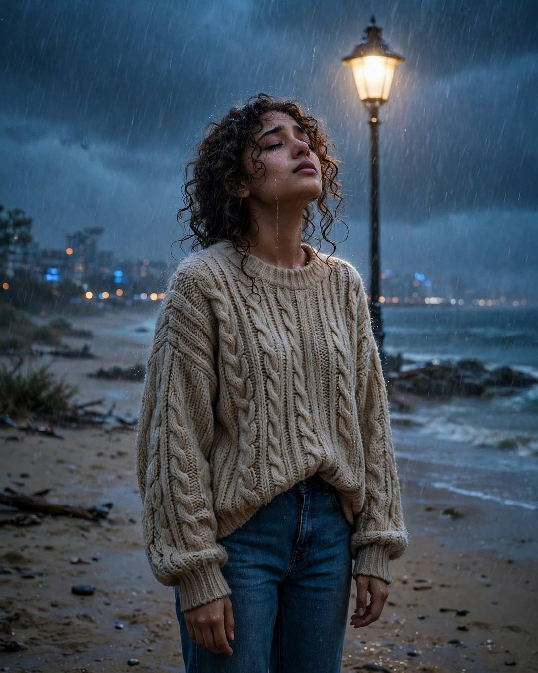 Emotional Girl photograph: Planting a sapling with her father on — oversized beige sweater and jeans, soft curls framing the face, standing under a streetlamp in the rain, face lifted to the sky at deserted beach at dusk; heavy monsoon rain, blue hour with rain-diffused city glow