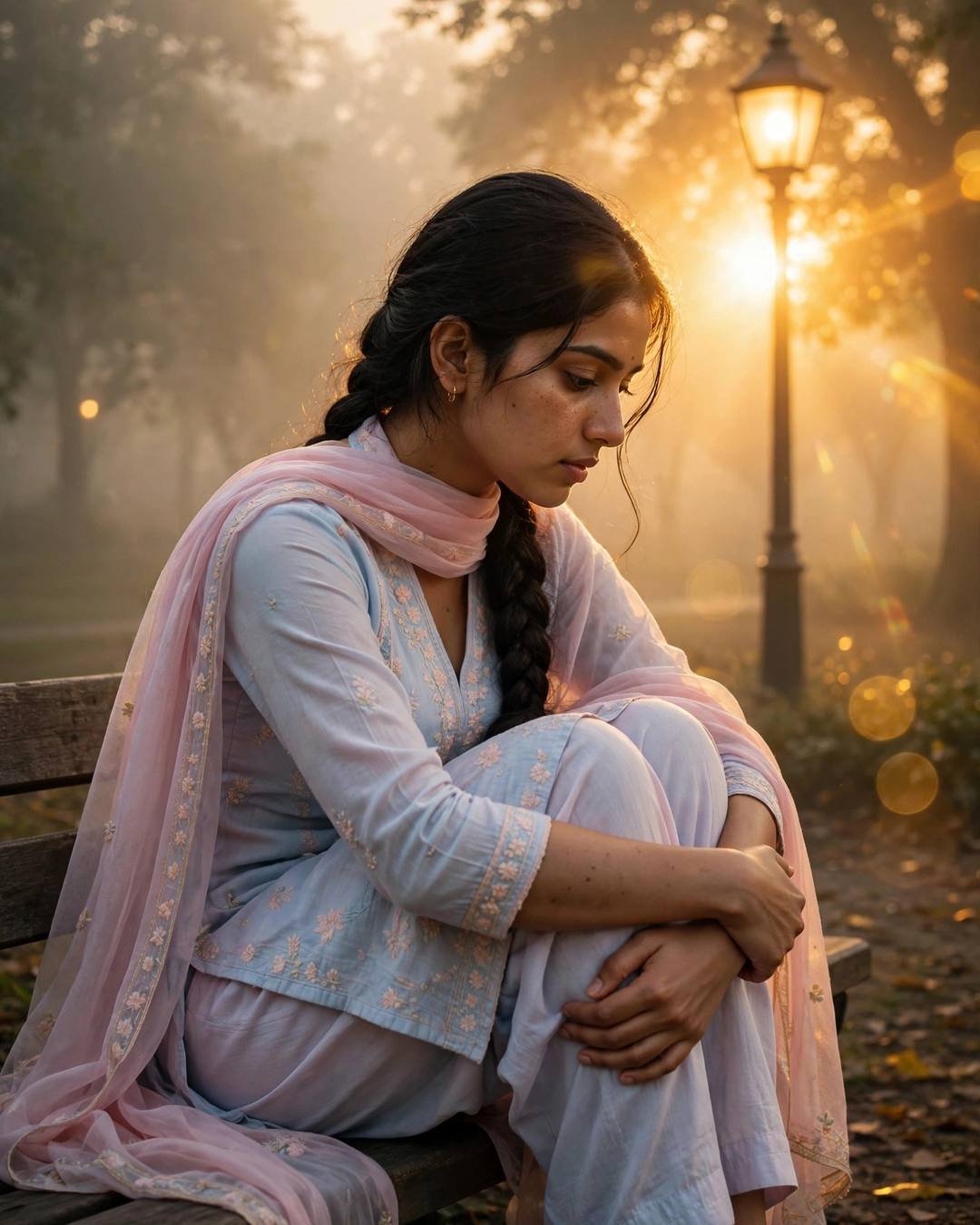 A hand-stitched quilt that still smells faintly — Emotional Memories AI portrait, pastel salwar-kameez with dupatta, long braid over one shoulder