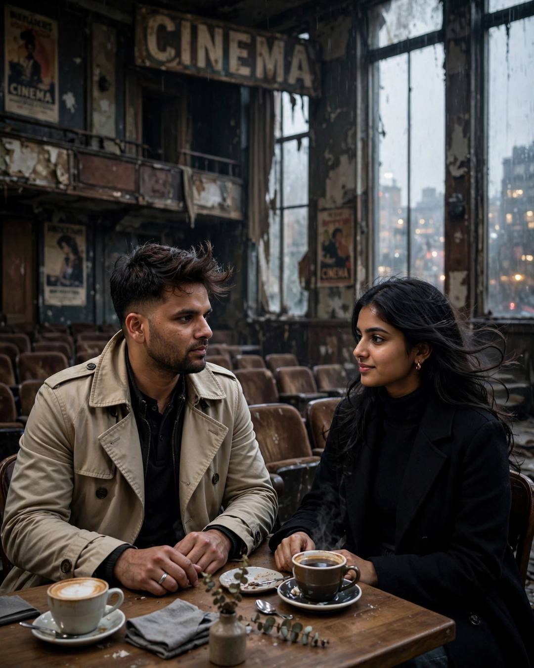 Trading shy glances across a crowded college — First Love AI portrait, beige trench coat over dark layers, windswept textured hair