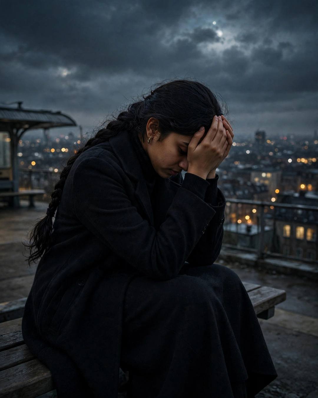 Young Indian woman in black turtleneck and long coat with a long braid sitting on a rooftop bench with head in hands