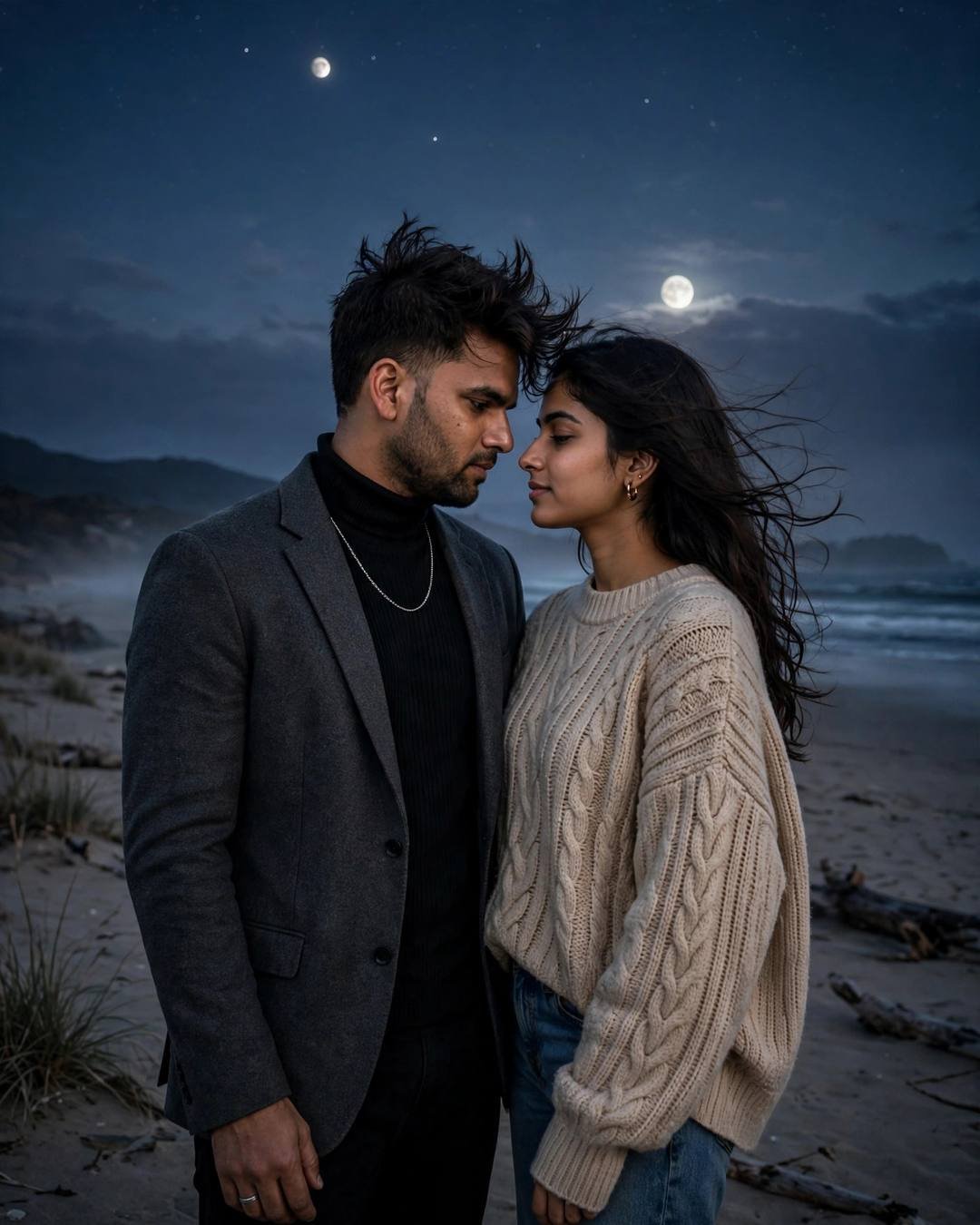 Spotting her familiar signature on a painting — Meeting After Years AI portrait, charcoal blazer, black turtleneck, windswept textured hair