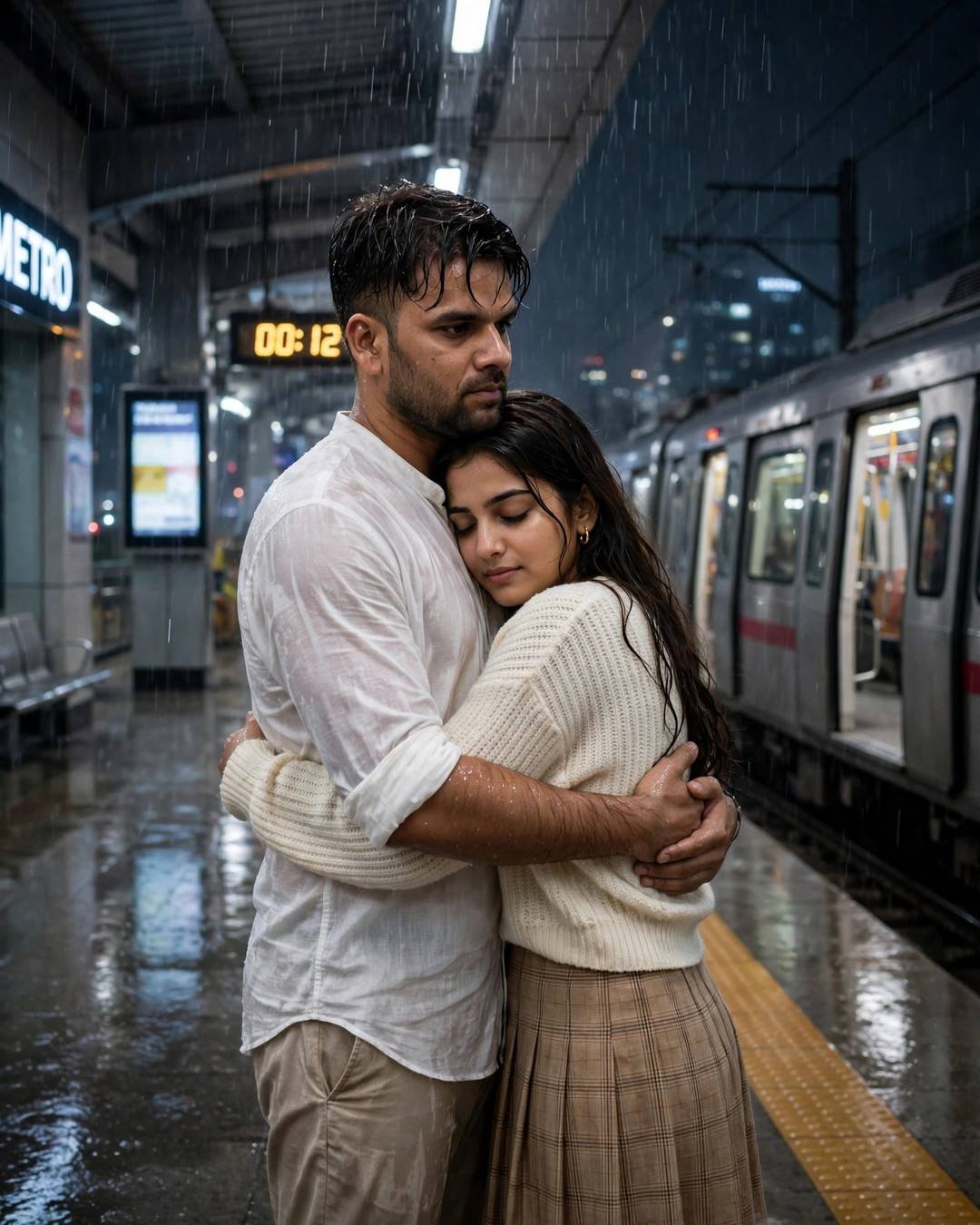 Three happy generations squeezed tightly together around — Reunion AI portrait, white linen shirt with rolled sleeves, beige trousers, damp rain-wet hair