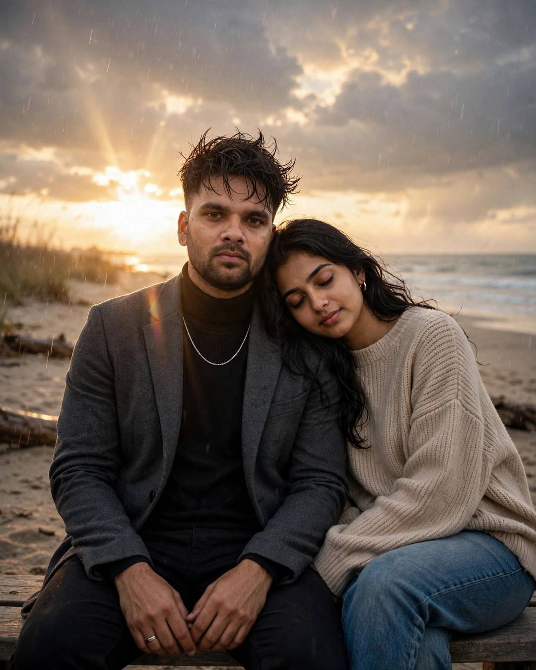 A thunderstorm picnic on a covered balcony — Romantic Rain cinematic AI photograph