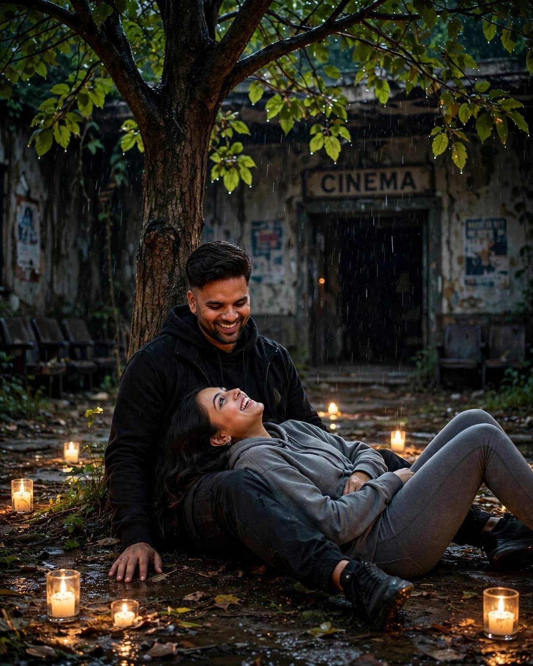 Sad Couple photograph: Sitting together on the cold marble steps — all-black streetwear with sneakers, neatly combed side part, partner in grey hoodie and leggings, sitting under a tree, her head in his lap, both laughing softly at abandoned cinema hall; light rain, midnight with candlelight warmth in darkness