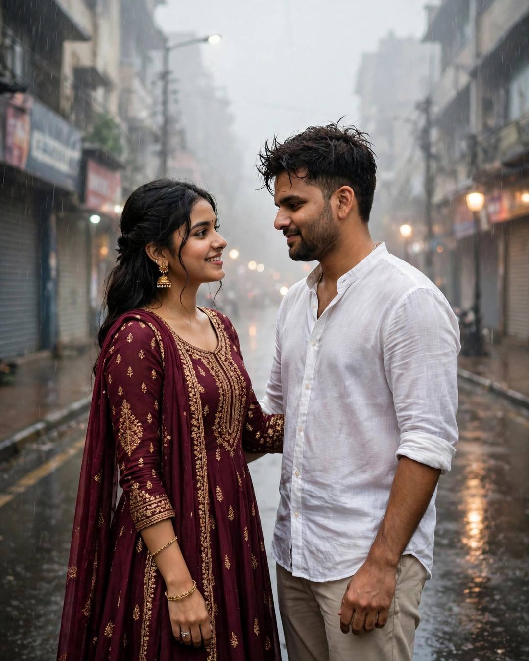 Sad Couple photograph: Standing before a closed ticket counter, the — white linen shirt with rolled sleeves, beige trousers, slightly messy morning hair, partner in maroon anarkali with jhumkas, dancing slowly in an empty street under streetlights at rain-soaked city street; light rain, late evening with pale dawn light through fog
