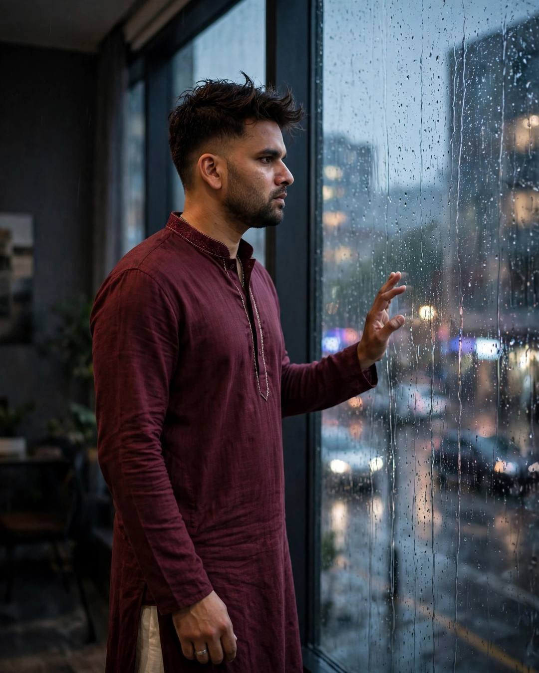 Folding his umbrella as the drizzle begins, — cinematic AI photograph, Street Cinematic