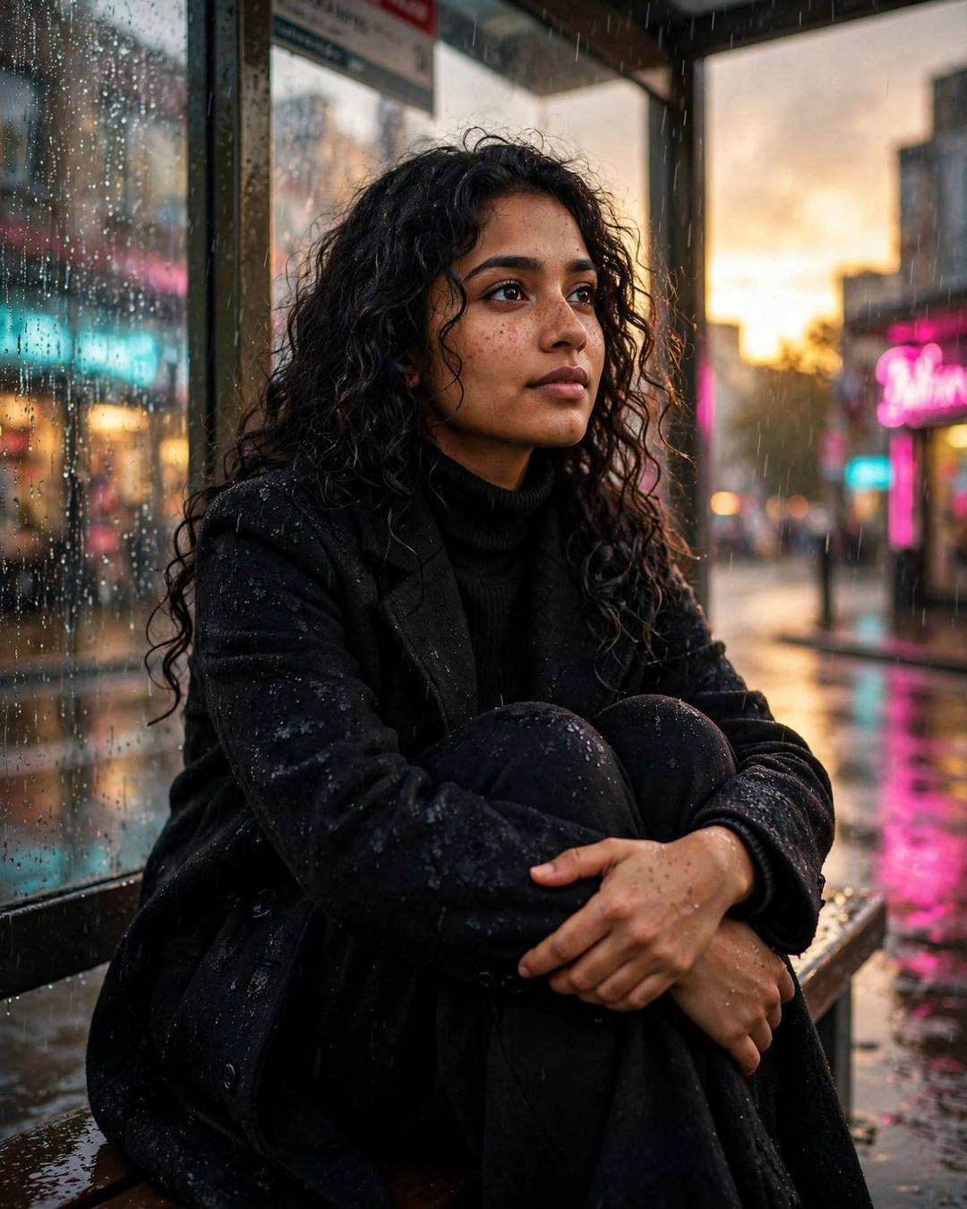 Young Indian woman in black turtleneck and long coat sitting with knees drawn up at a rainy bus stop under neon lights