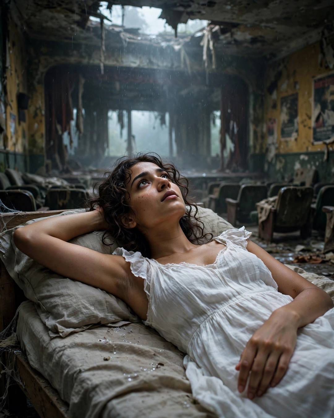 Young Indian woman in flowing white summer dress lying on a bed in an abandoned cinema hall holding flowers