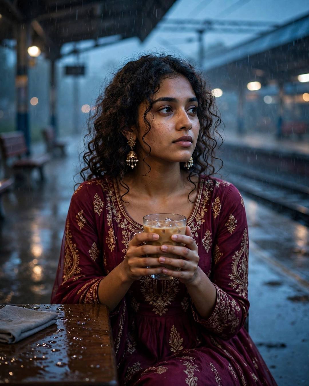 Young Indian woman in maroon anarkali with jhumkas sitting at a cafe table on an empty railway platform at night