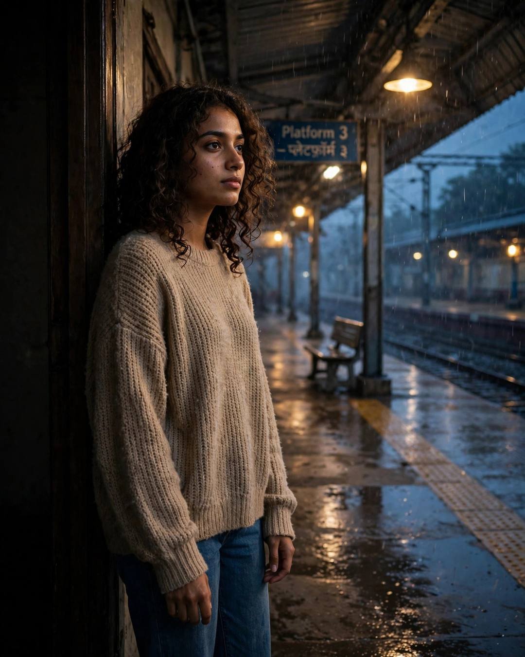 Young Indian woman in a beige sweater standing in a doorway on an empty railway platform at night in rain