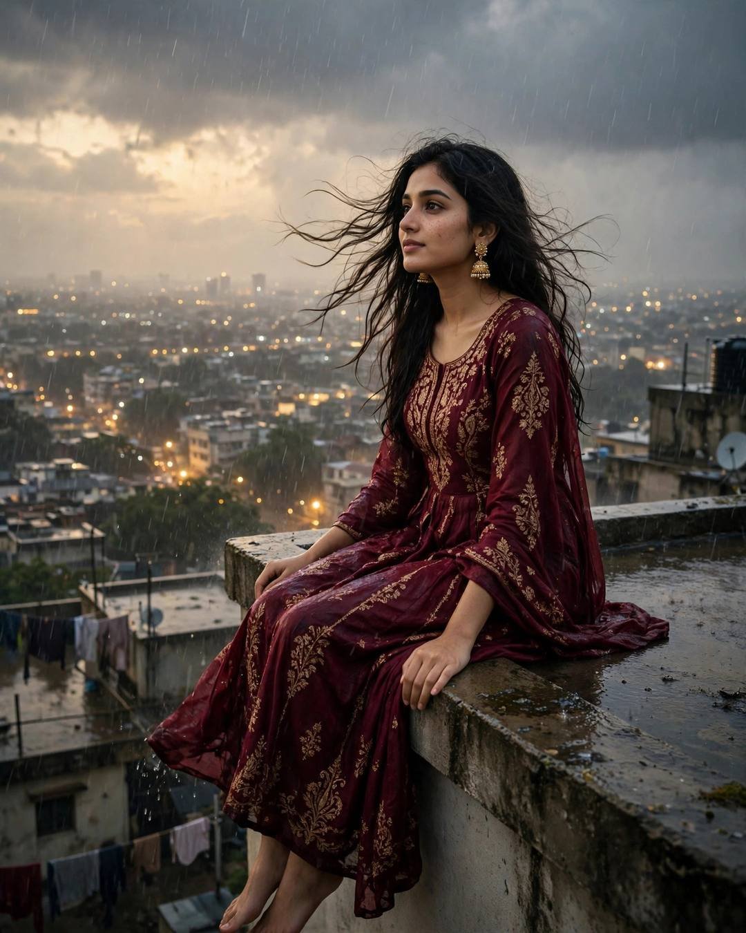 Young Indian woman in a maroon anarkali sitting on a rooftop ledge above city lights in monsoon rain