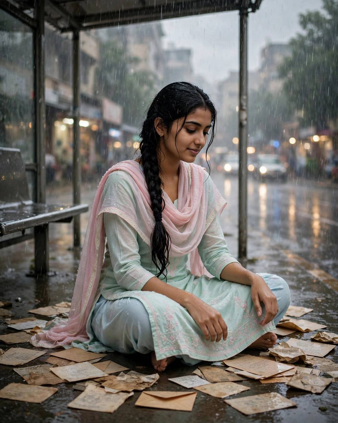 Young Indian woman in a pastel salwar-kameez sitting cross-legged at a bus stop stringing marigolds in rain