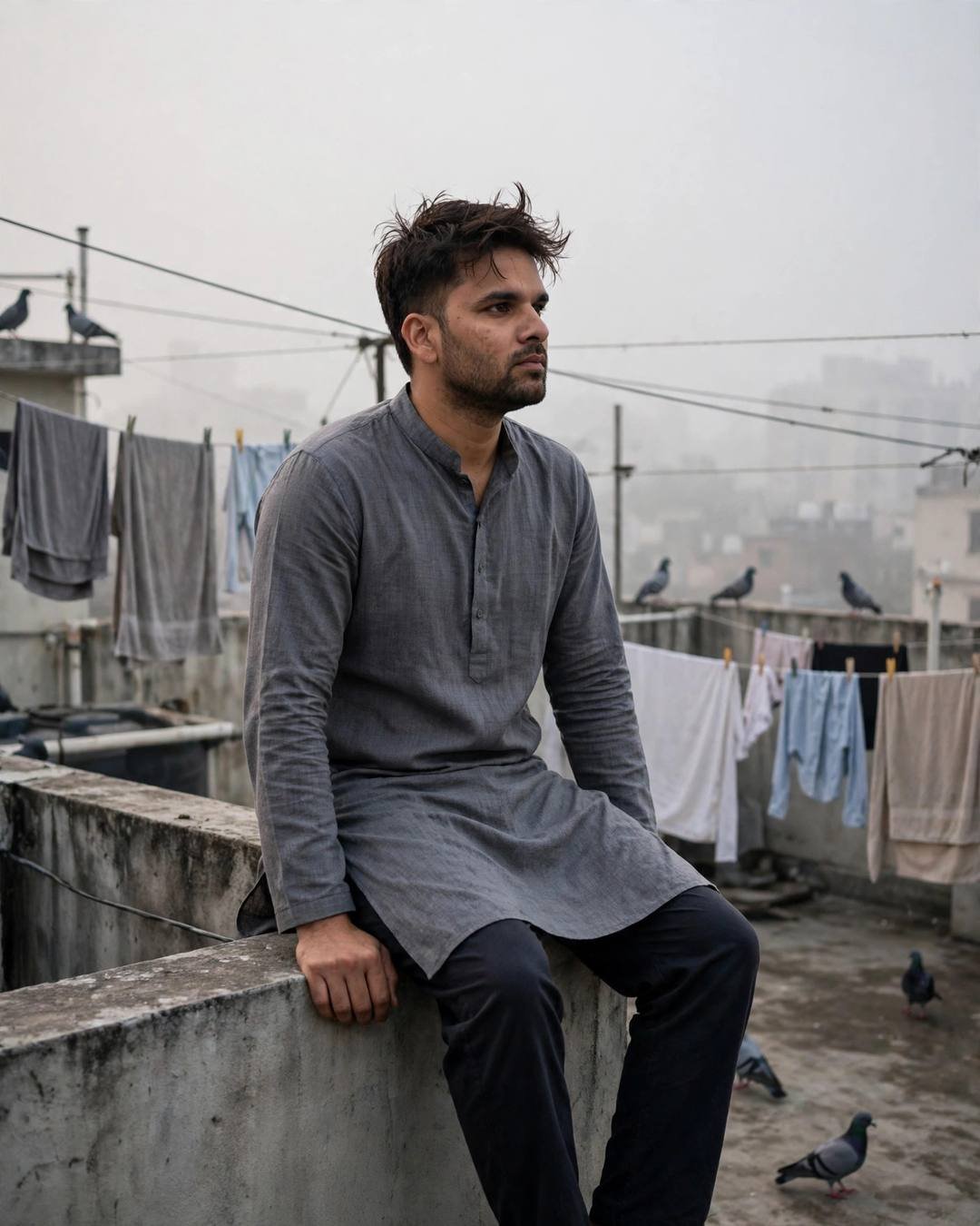 Young man in a grey kurta sitting on a foggy terrace ledge among pigeons and drying clothes lines at dawn