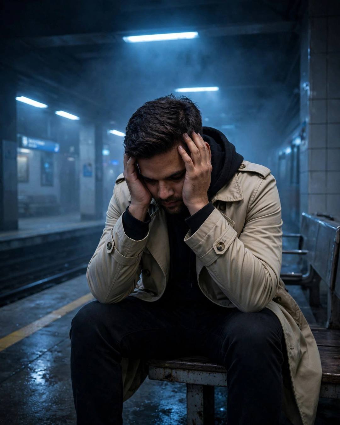Young man sitting on station bench, elbows on knees, head in hands at midnight metro station, wearing beige trench coat over dark layers, neatly combed side part