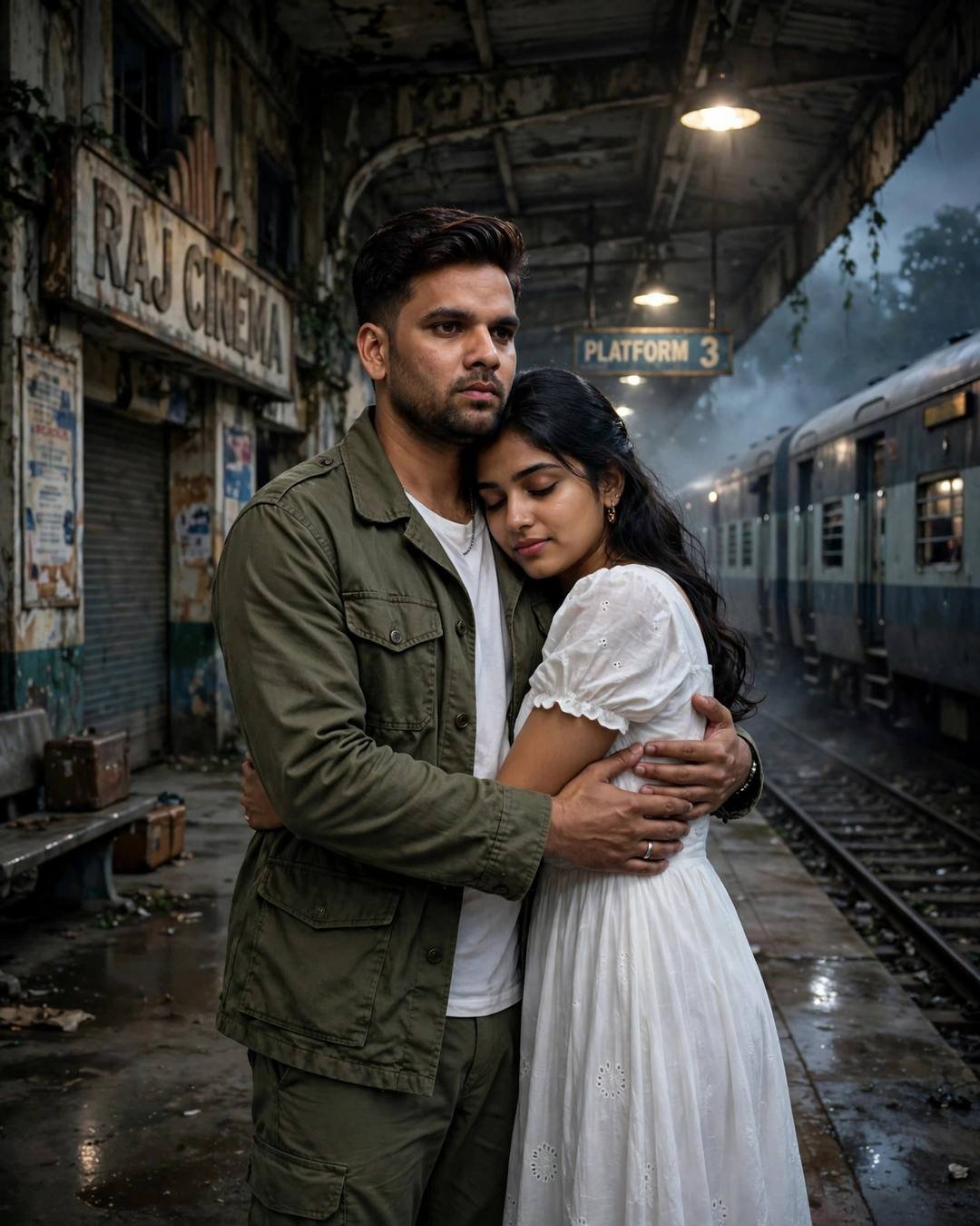 Couple embracing on a rainy railway platform beside a train at night