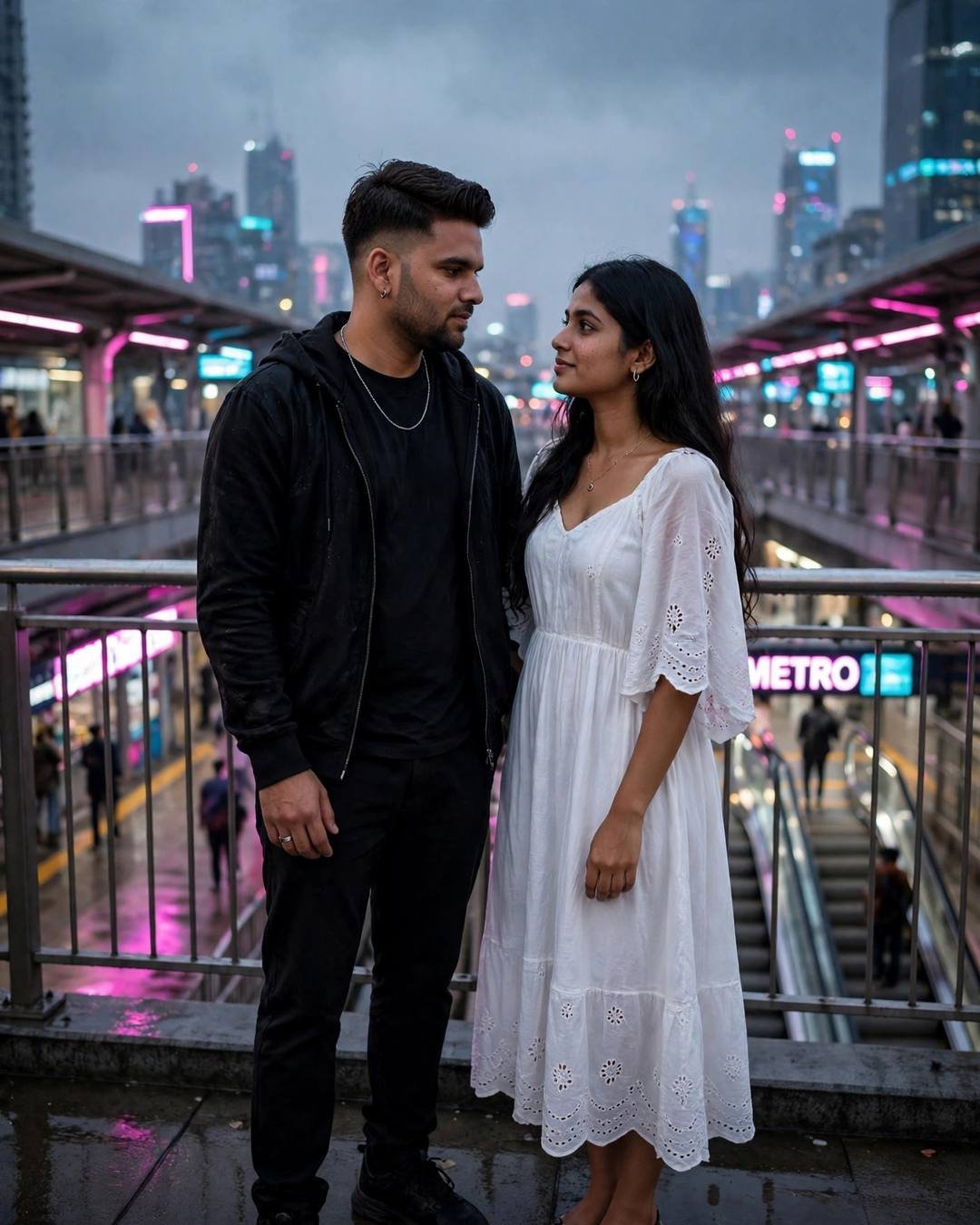 Couple in black streetwear and white dress facing each other on a neon-lit metro bridge at night
