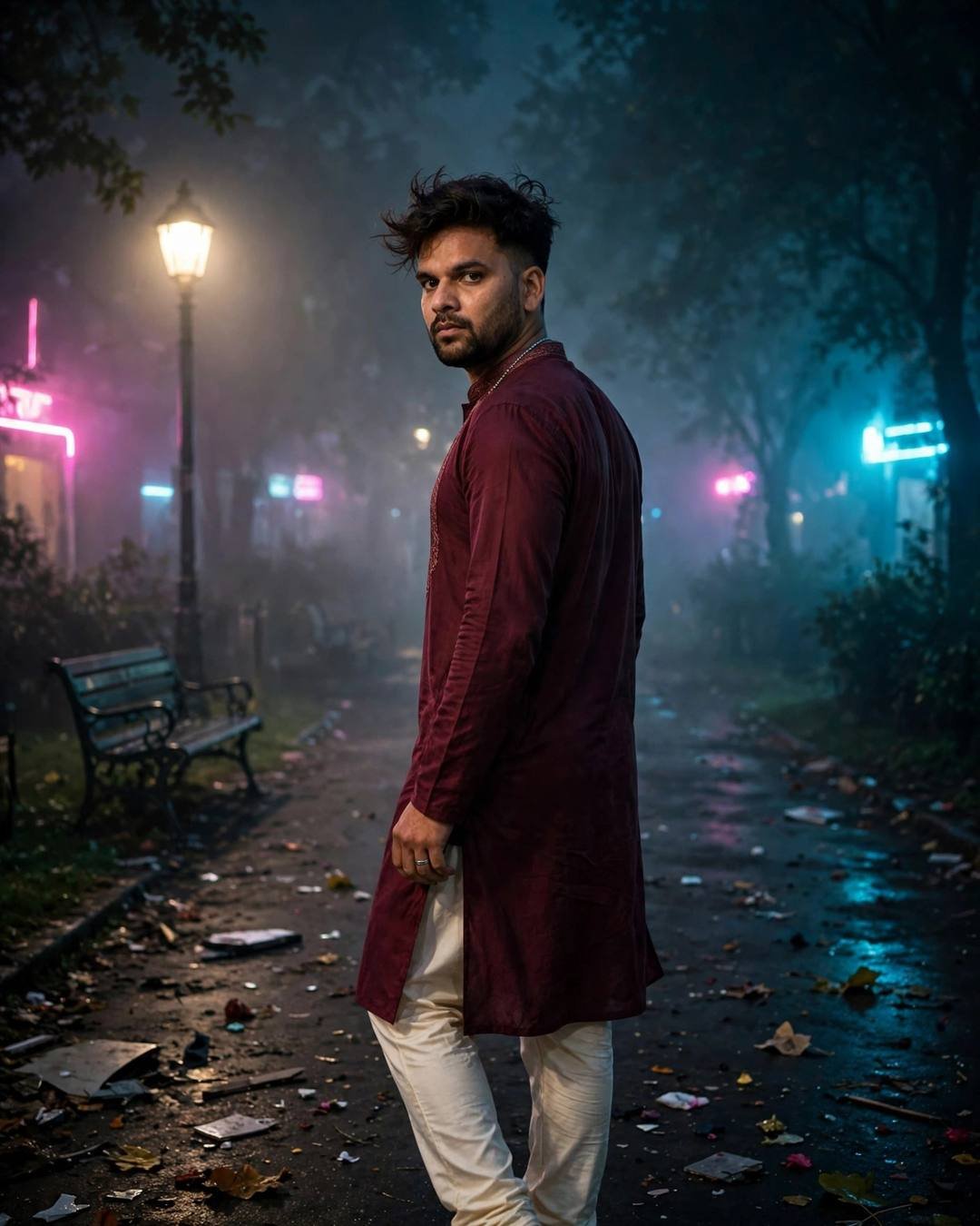 Burying a small wooden box of their — maroon kurta with cream churidar, windswept textured hair in walking away from the camera down an empty path at park bench under a lone lamp; dense fog, midnight 