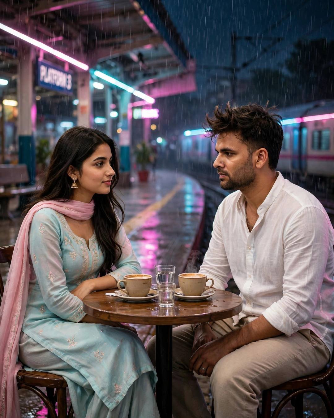 A couple sits across a small cafe table on a rainy railway platform at night, the man in a white linen shirt and the woman in a pastel salwar-kameez, neon pink and cyan light reflecting on wet ground
