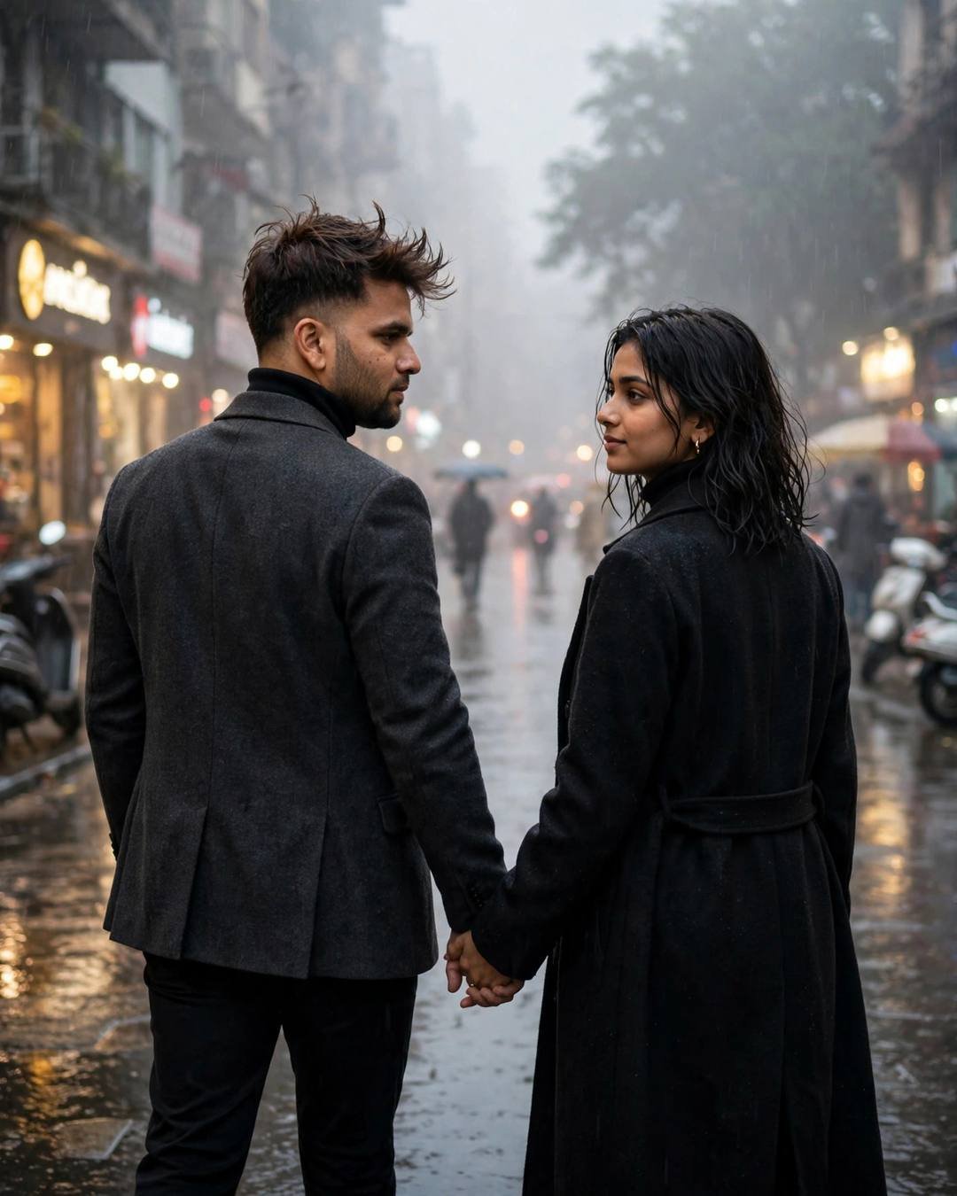A couple walking hand in hand down a foggy rainy street, glancing at each other, charcoal blazer and black long coat