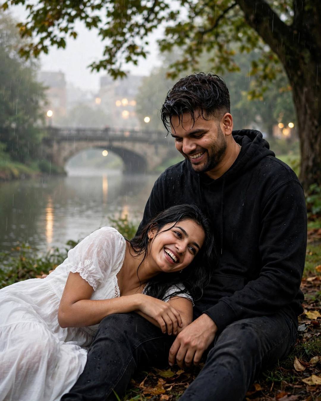 A young couple laughing softly under a tree by a river bridge in light rain, the man in a black hoodie and the woman in a white dress