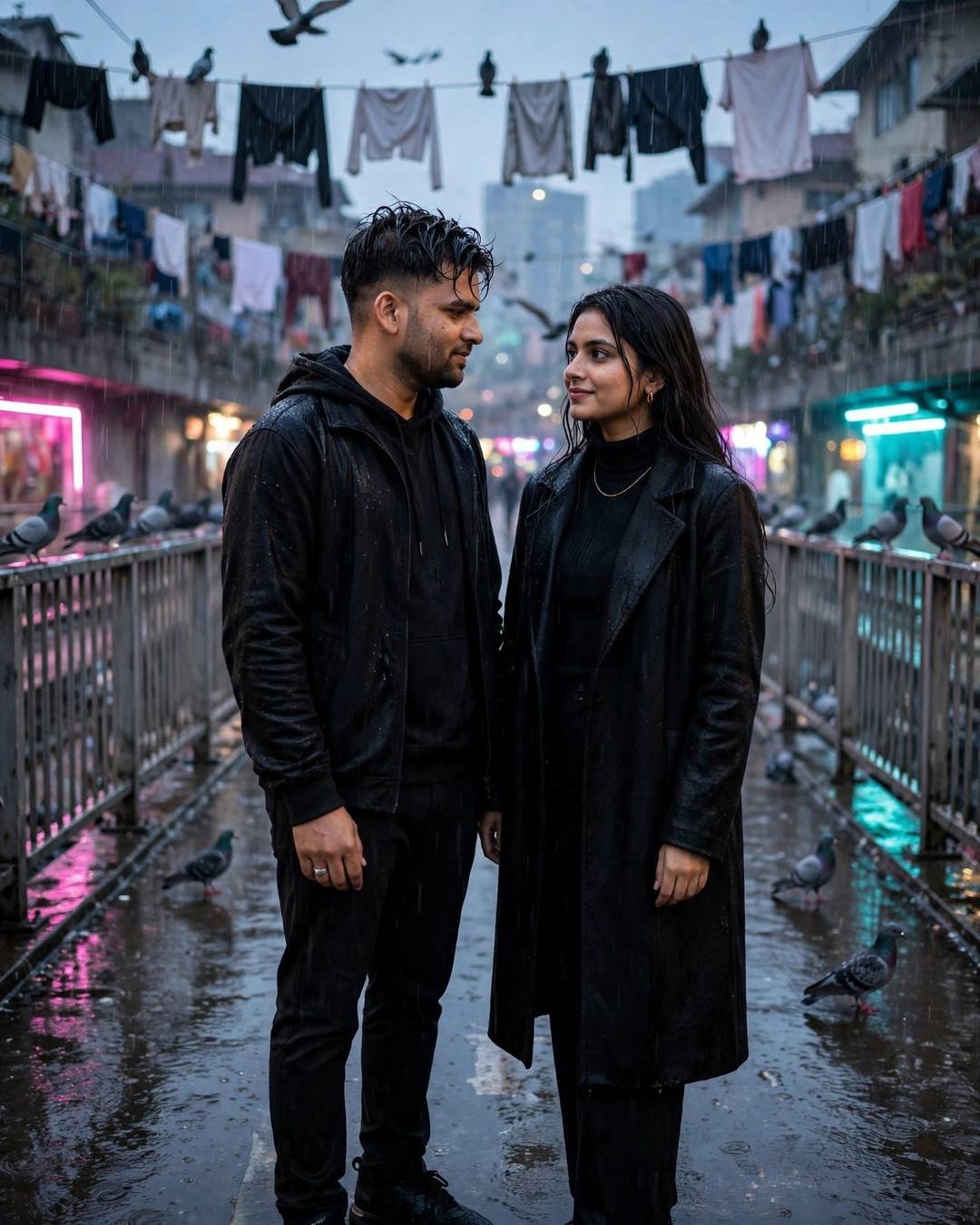 A couple stands looking at each other on a rain-wet walkway lined with pigeons and washing lines, both in black, neon pink and cyan light glowing in the blue hour