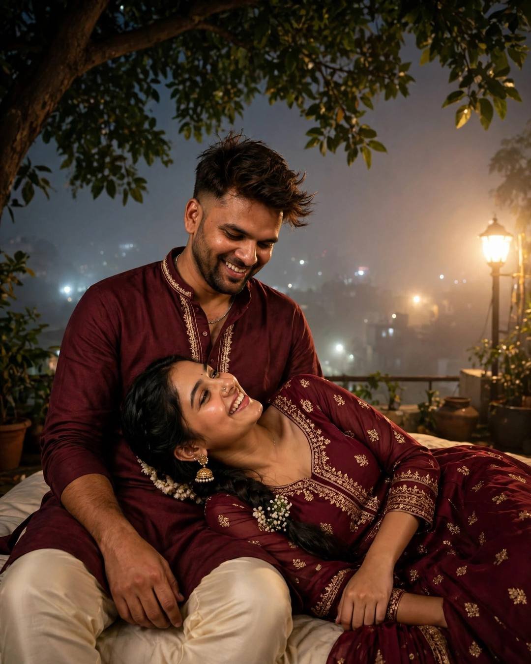 Wearing matching yellow raincoats and splashing through — maroon kurta with cream churidar, windswept textured hair in sitting under a tree, her head in his lap, both laughing softly at rooftop overlo
