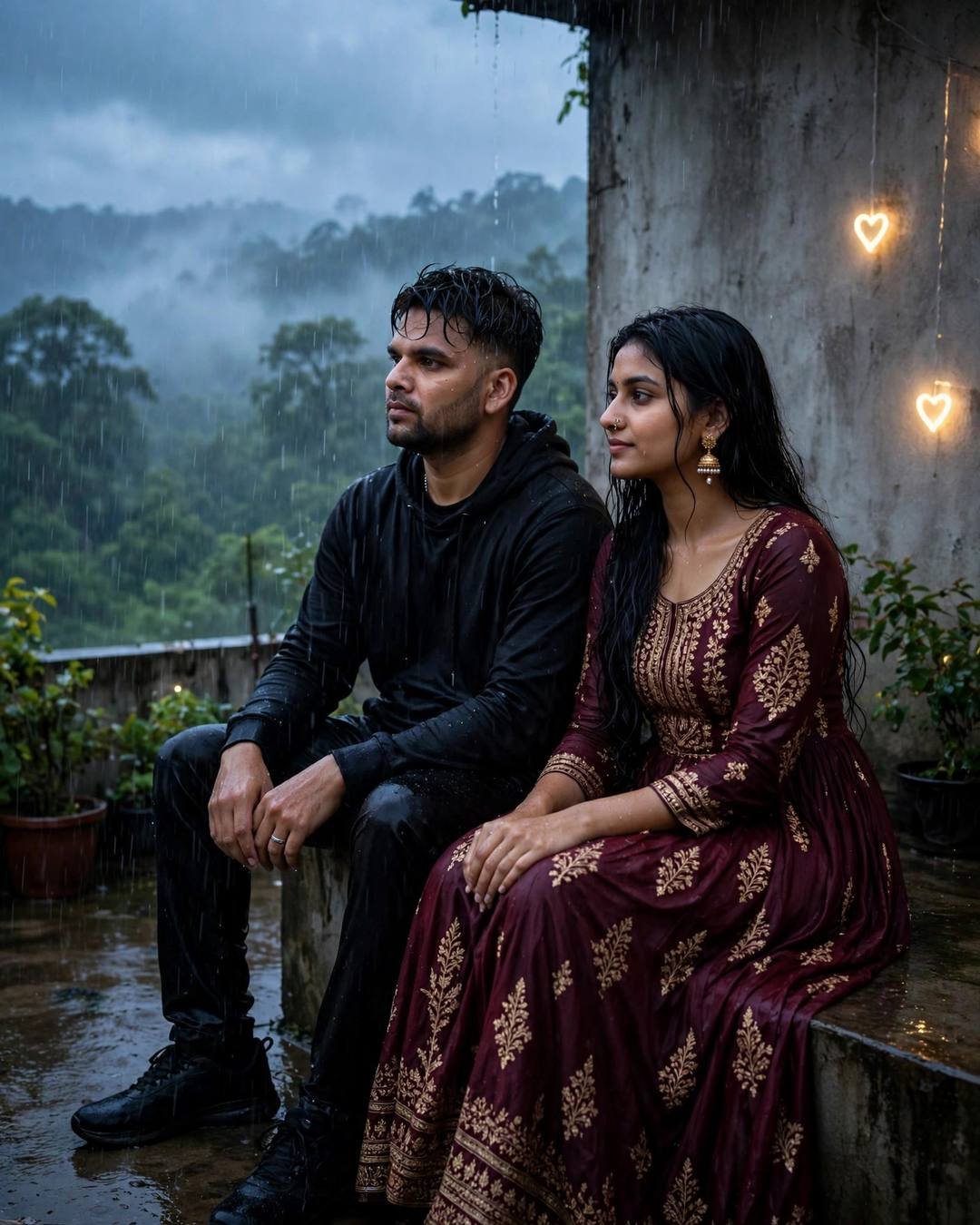 Planting a tree together in their new — all-black streetwear with sneakers, damp rain-wet hair in sitting on a rooftop, backs against the wall, sharing silence at misty forest path; heavy monsoon rain