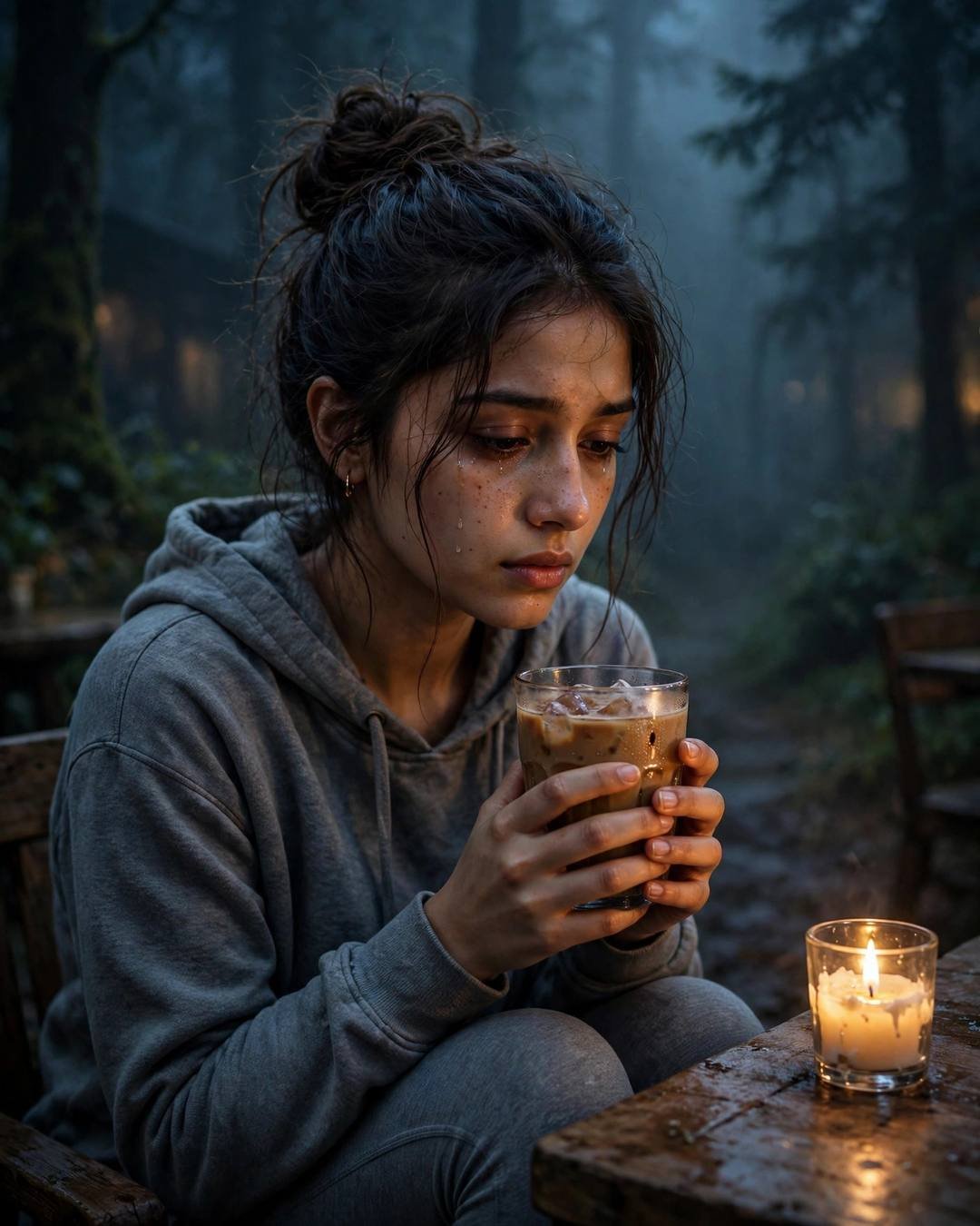 Decorating her sister's bridal room with marigolds — grey hoodie and leggings, messy bun with stray strands in sitting at a cafe table, cradling a cold coffee, lost in thought at misty forest path; de