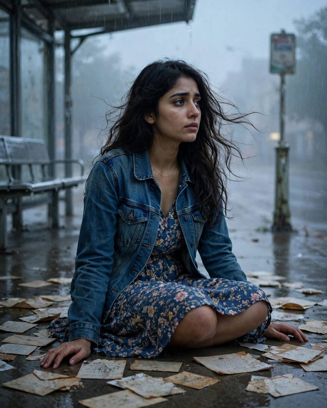 Young Indian woman in denim jacket and floral dress sitting among old letters at a rainy bus stop