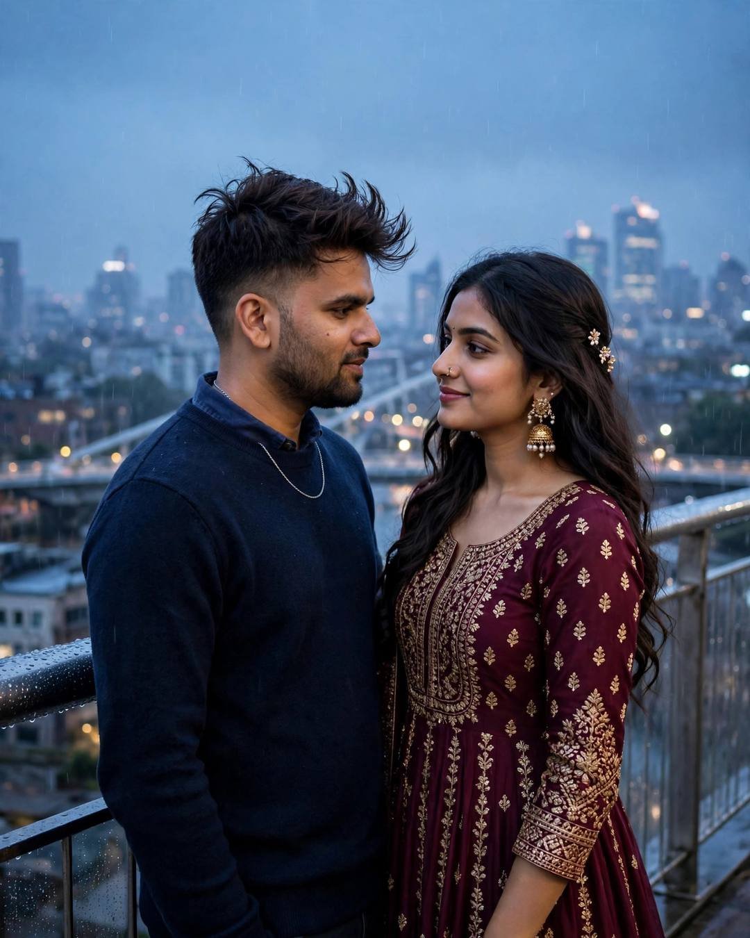Couple in navy sweater and maroon anarkali standing on a rainy bridge above city lights