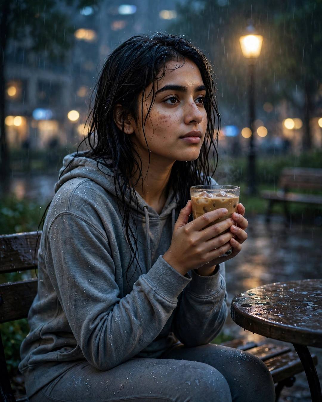 Young woman in grey hoodie sitting on a rainy park bench under a lamp at night