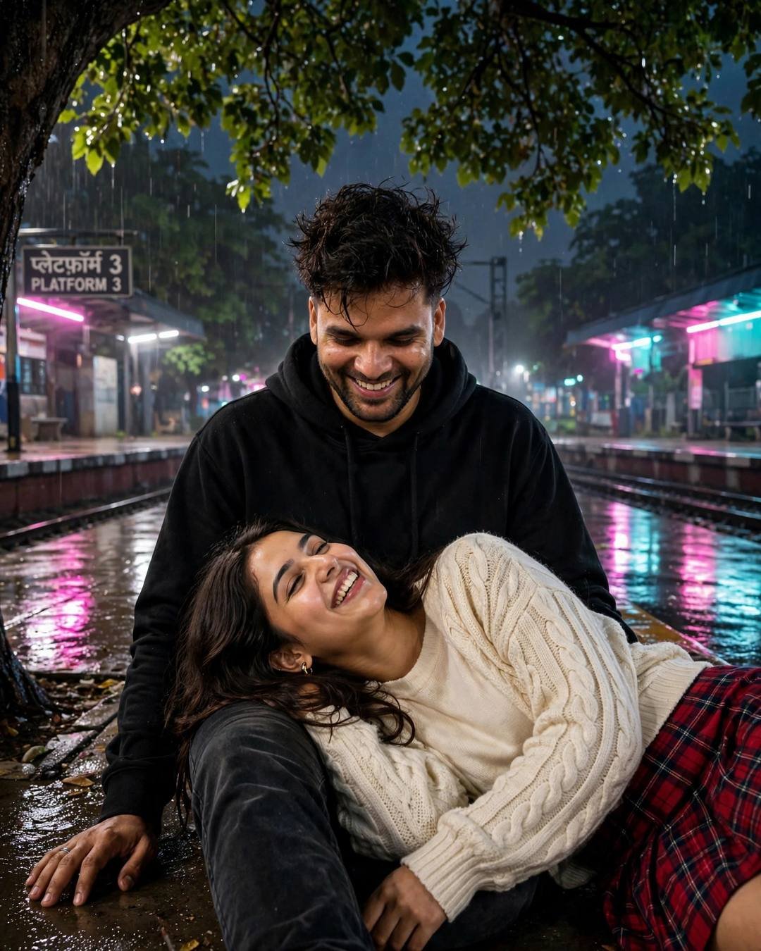 Couple in black hoodie and cream knit top laughing under a tree on a neon-lit platform at night
