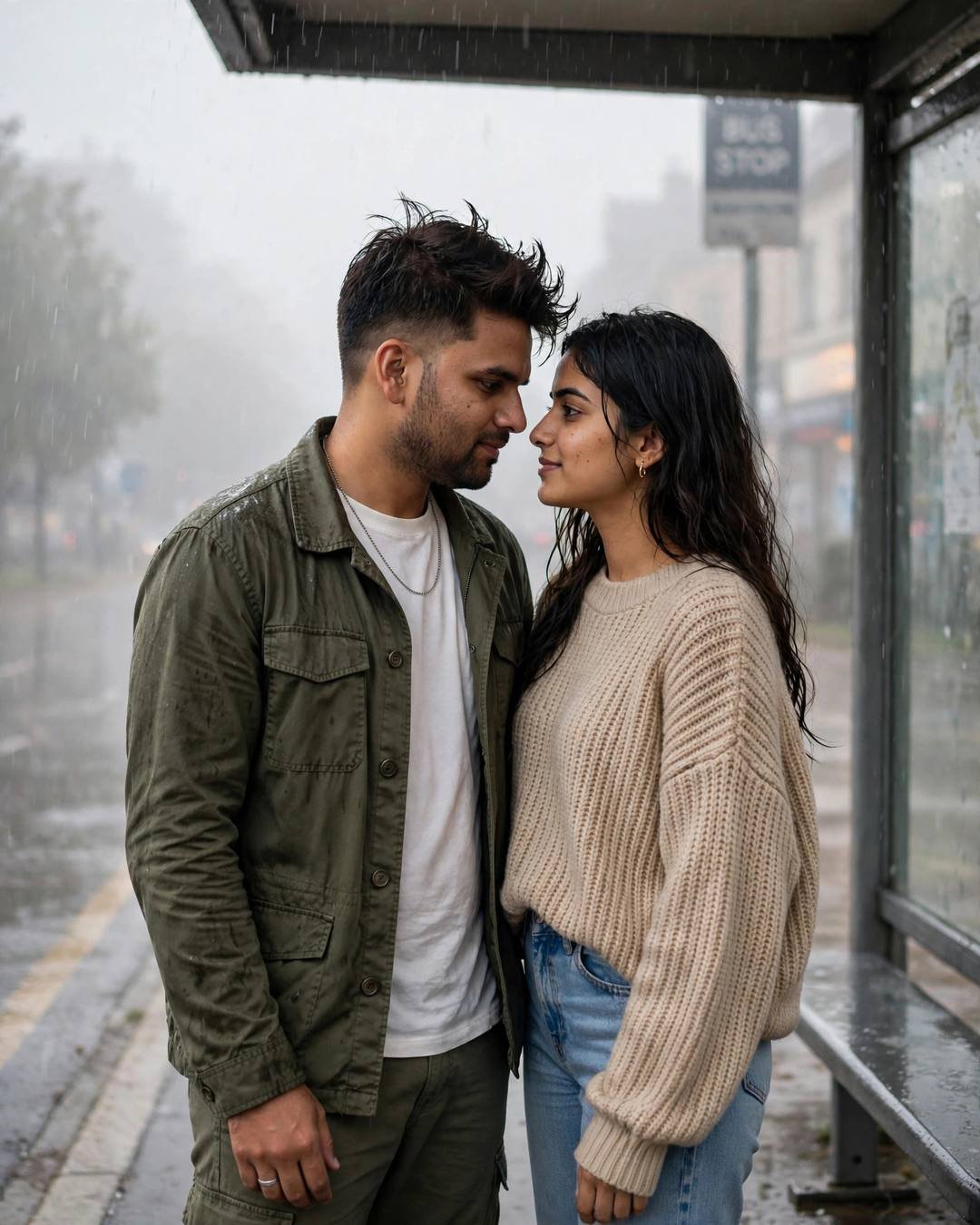 Couple in olive field jacket and beige sweater standing forehead to forehead at a rainy bus stop