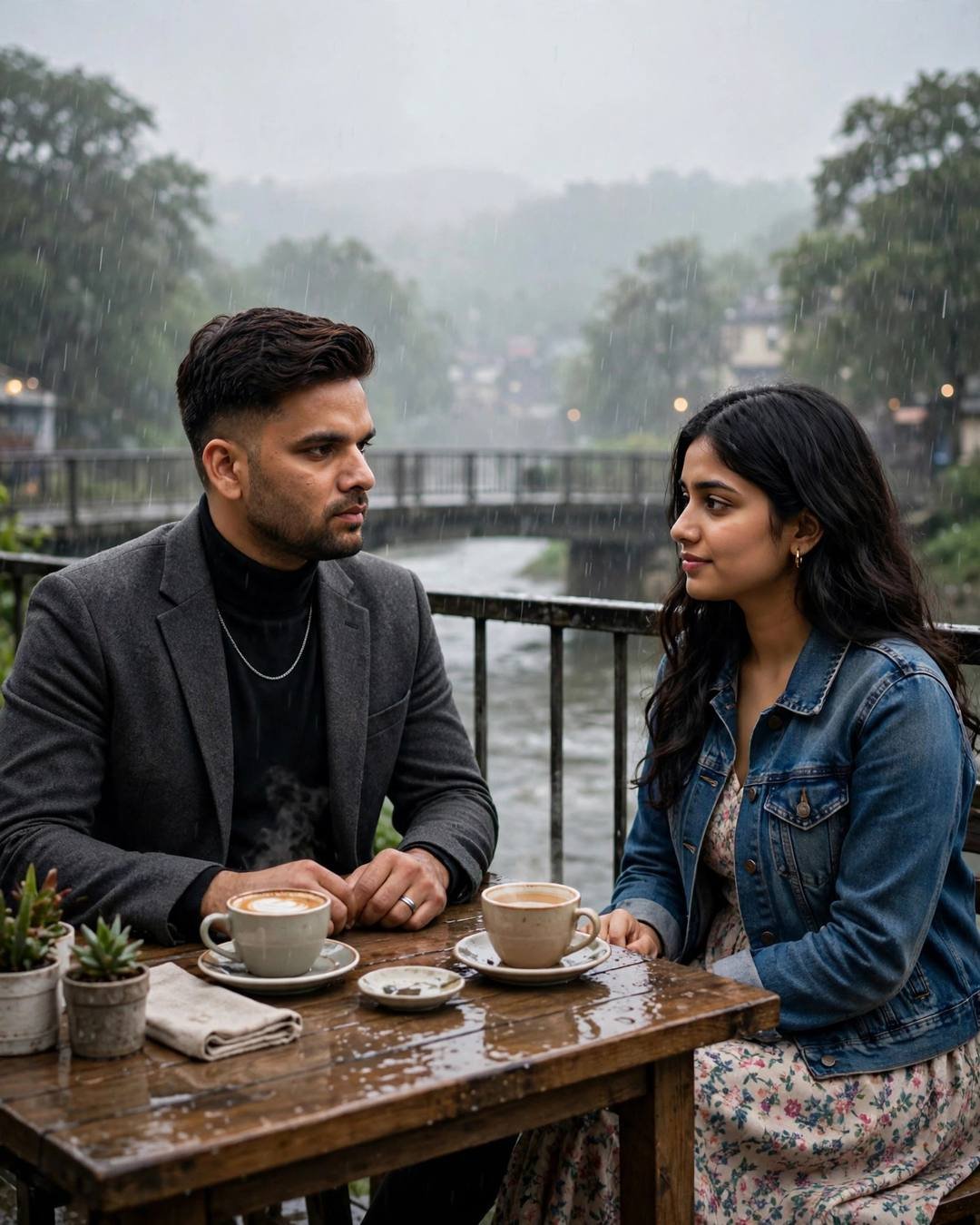 Couple in charcoal blazer and denim jacket sitting across a table by a rainy river
