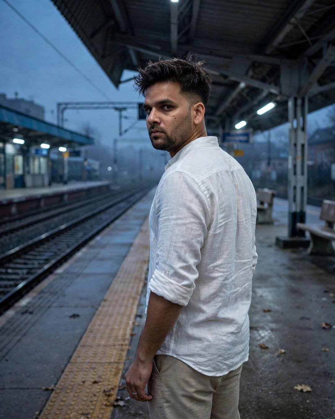 Young man in white linen shirt looking over his shoulder on an empty railway platform at night