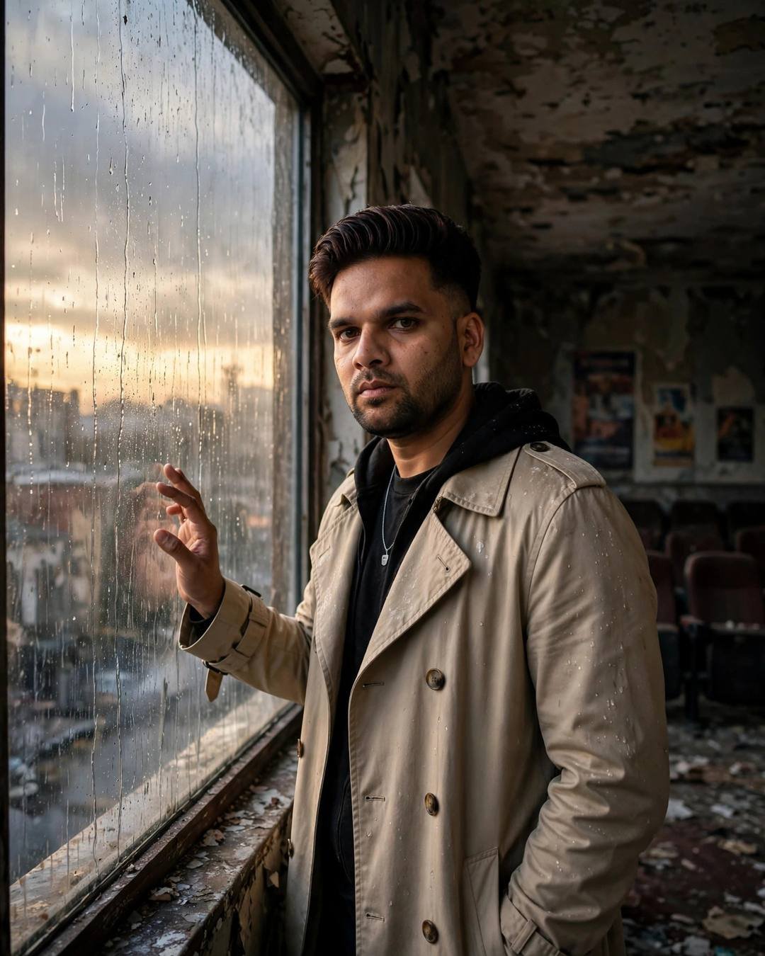 Young man in beige trench coat with hand on a rain-streaked cinema window
